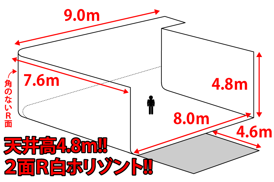 天井高4.8ｍ!!2面R白ホリゾント!!