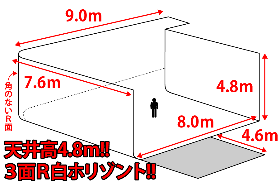 天井高4.8ｍ!!2面R白ホリゾント!!